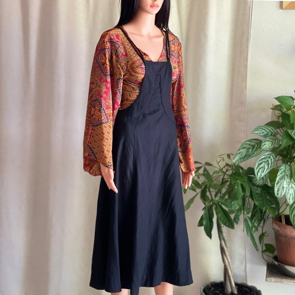 Anthropologie Black Pinafore Bib Overall Midi Apron Dress Open Back Cottage 2